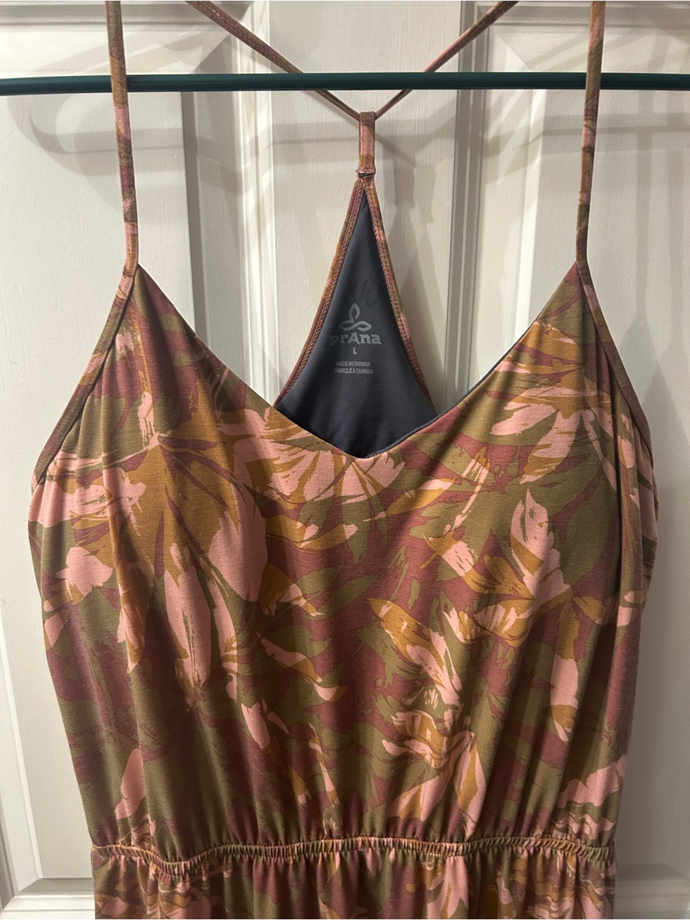 Women's Prana Floral Leaf Print Strap Dress Pink Olive & Brown size large - Picture 5 of 10
